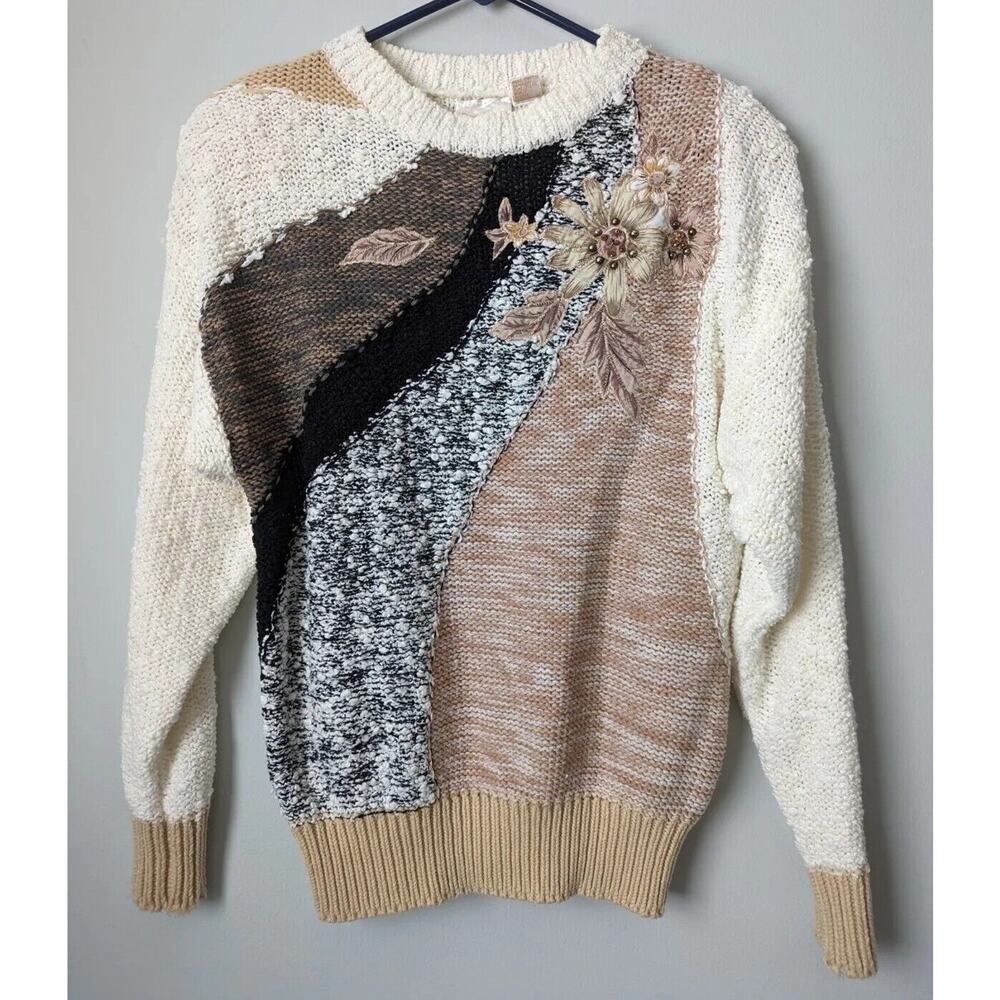 Vtg Chunky Knit Pullover Sweater Womens Medium Beige Floral Granny Cottage Cozy